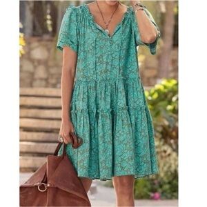 Sundance Cressida Mini Dress Green Floral Smocked Floral Tiered Pockets Size M
